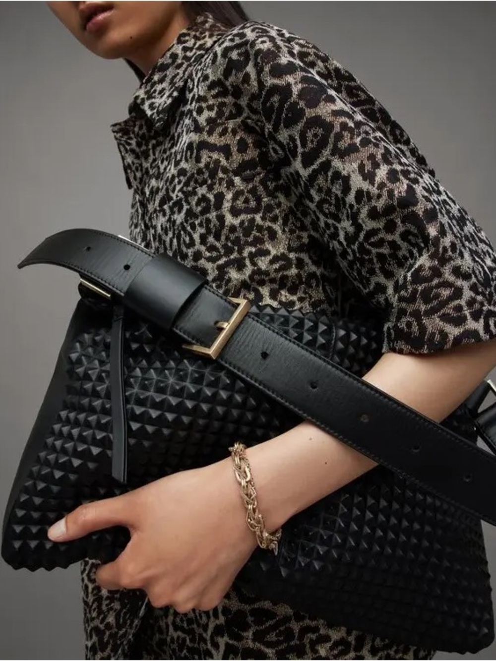 AllSaints Black Studded Leather Clutch with Gold Buckle